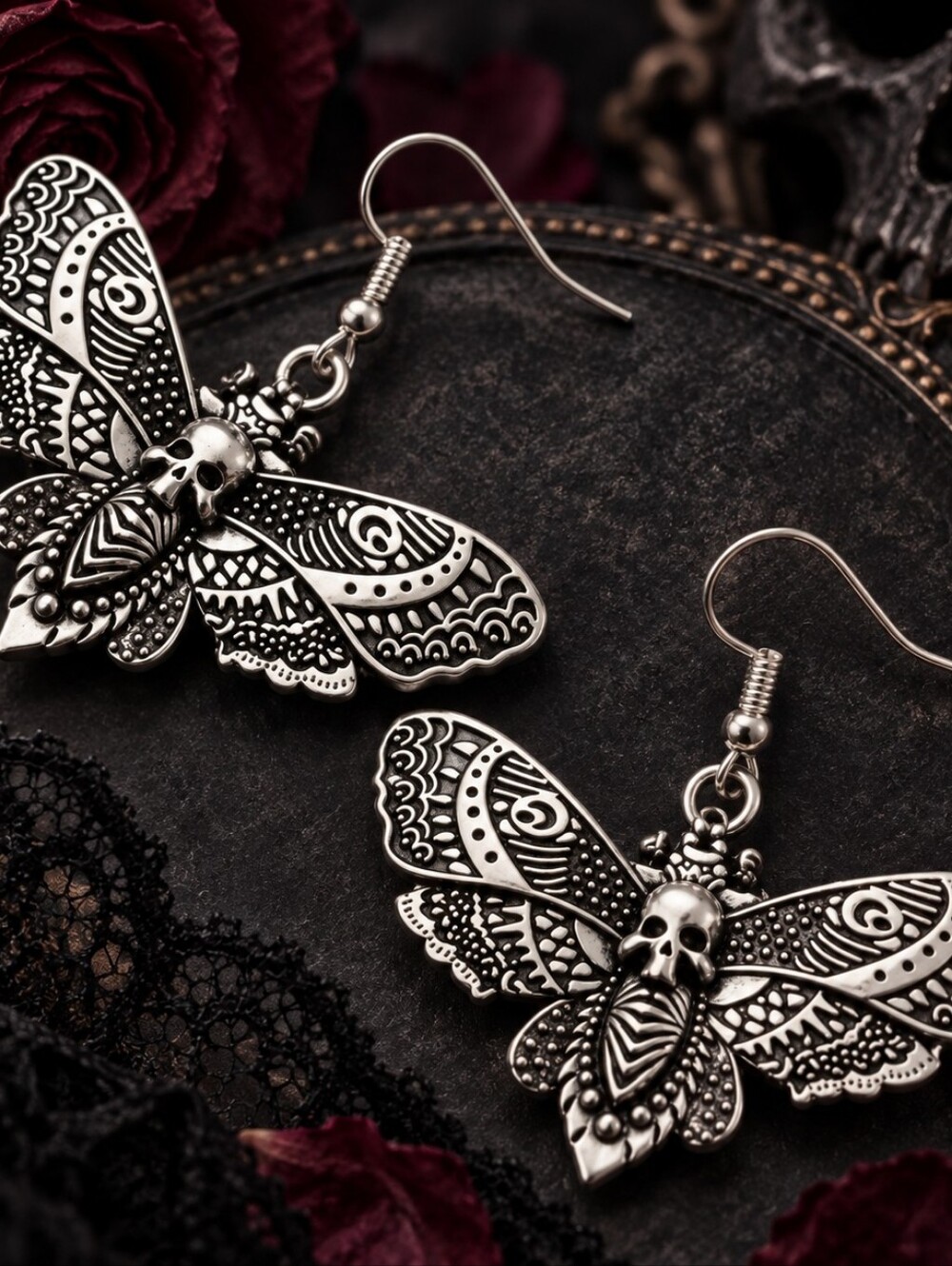 MODCLOTH DEATH HEAD MOTH ANTIQUED SILVER EARRINGS